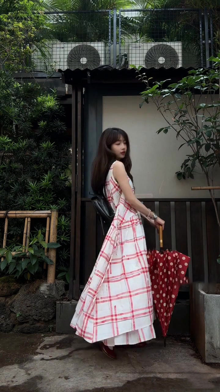 Pink plaid sleeveless dress beautiful age-reducing loose A-line vest dress R0585