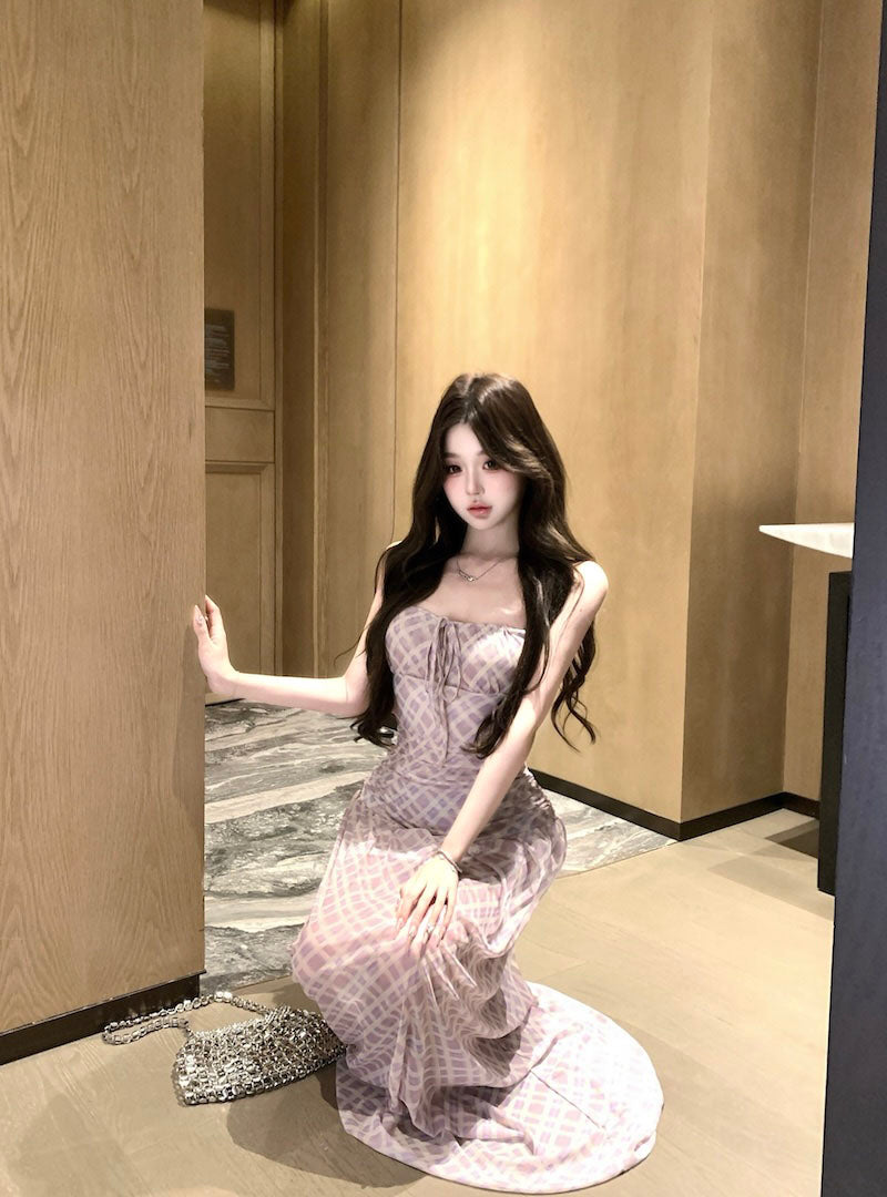 Purple suspender dress beautiful waist a-line beach dress R0587