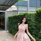 V-neck floral dress with hollow suspenders, beautiful small skirt R0586