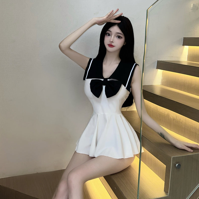 Pure girl style color matching navy collar sailor dress bow slim mini short uniform vest dress R3755