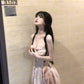 A rich girl's outfit with floral suspender dress, gentle temperament, waisted A-line long skirt R0489
