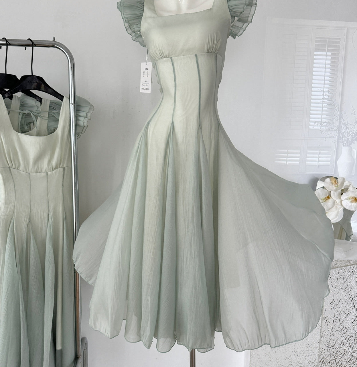 French holiday dress temperament waist big swing gradient mint green romantic dress R2110