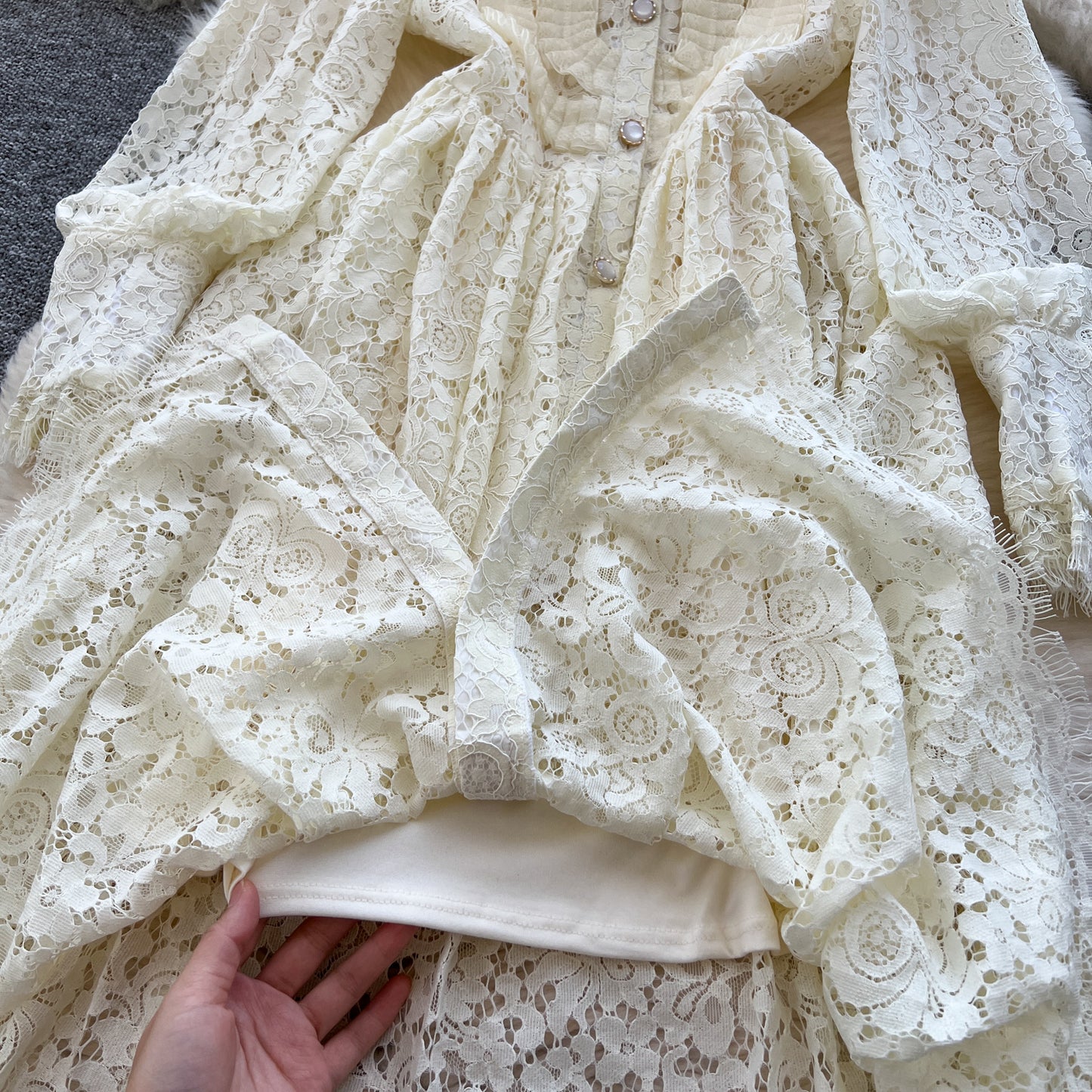 New style lapel heavy hook flower hollow French lace dress sexy long skirt R2306