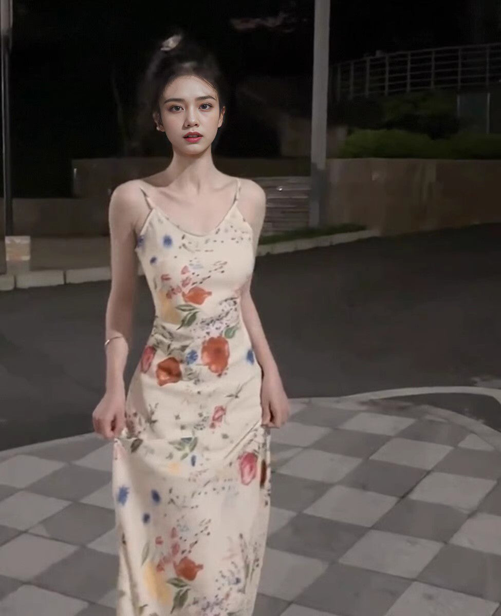 Floral suspender dress Slim fit temperament waist hip long skirt R0607