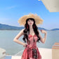 Retro floral suspender dress beautiful waist temperament long skirt R0610
