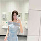 Blue floral mesh one-shoulder dress with gentle temperament and beautiful waist R0608