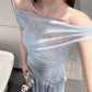 Blue floral mesh one-shoulder dress with gentle temperament and beautiful waist R0608