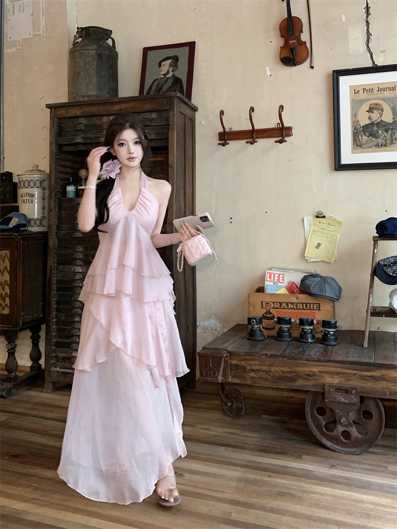 Beach Vacation Pink Chiffon Halter Neck Vest Skirt Two-piece Set R0508