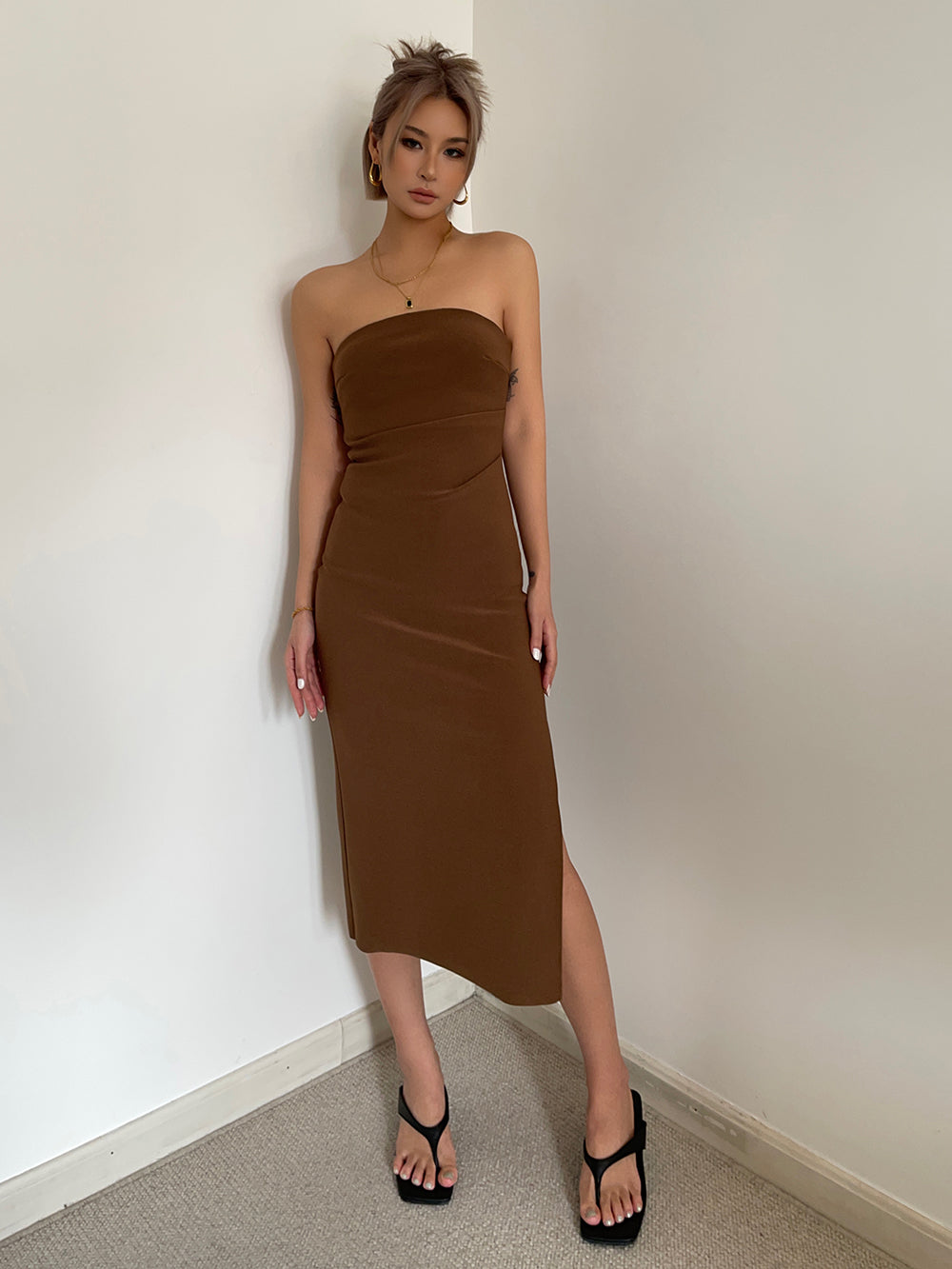 Hot girl sexy slit tube top dress slim fit medium length hip waist dress high-end long skirt R3037