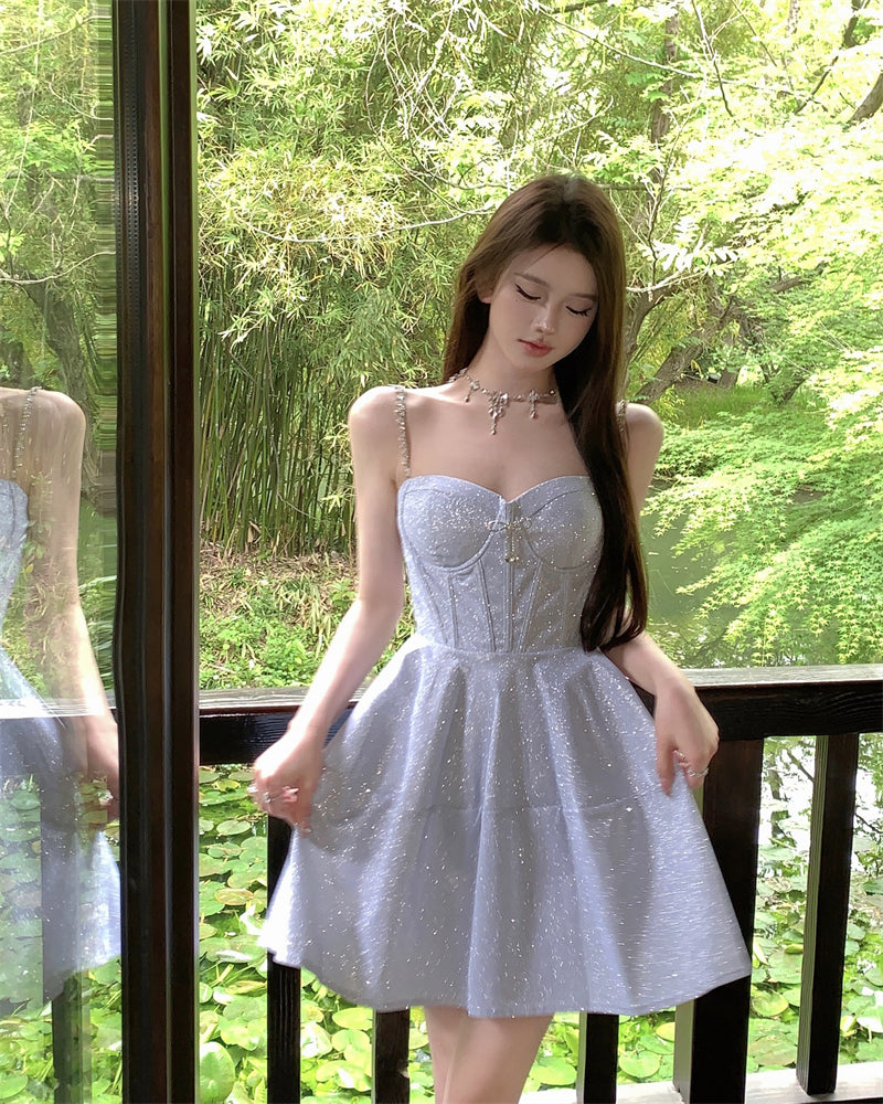 Sequined suspender dress sexy high waist slim V-neck temperament party dress R1494