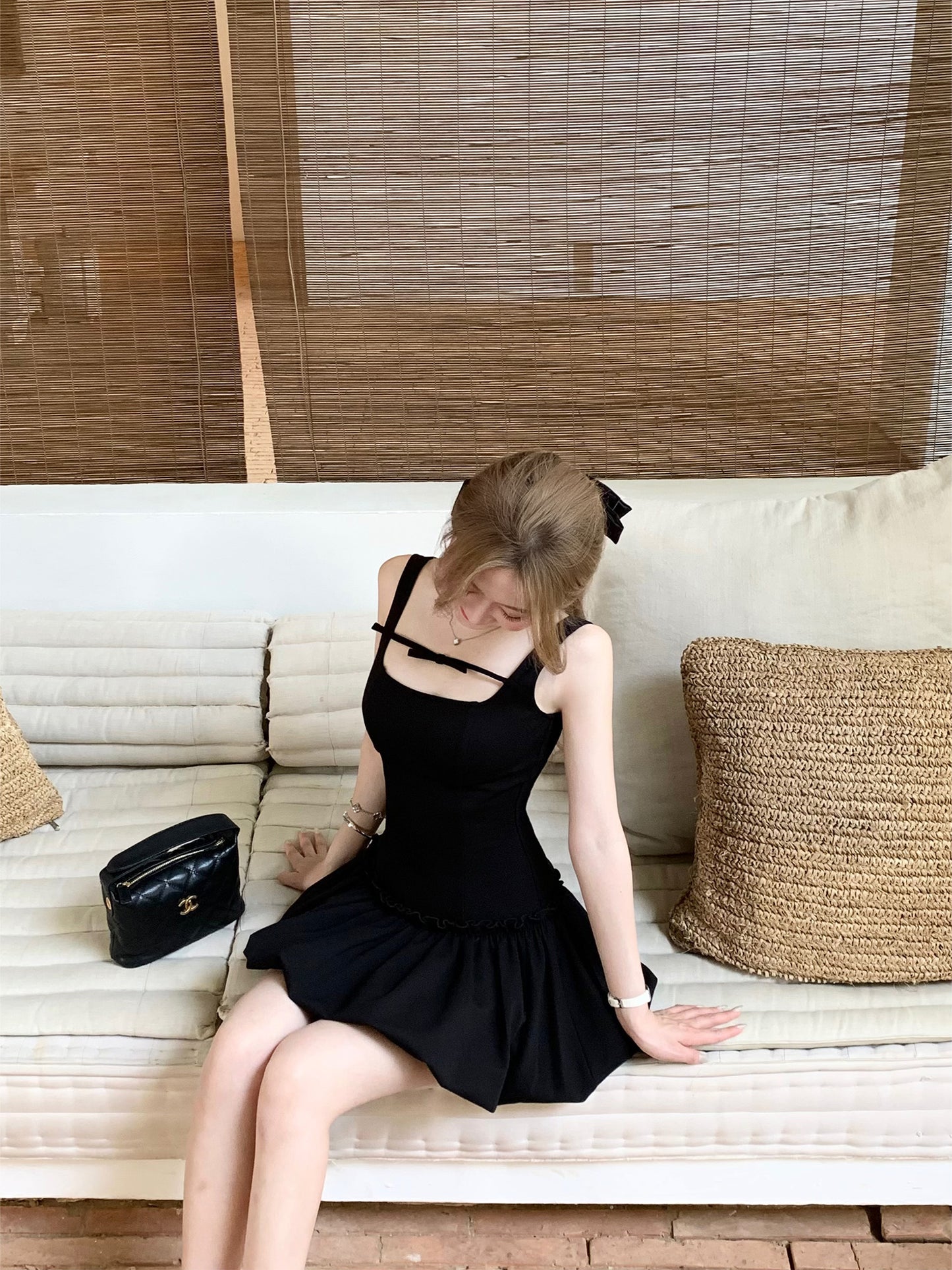 Flower bud vest little black dress waist slimming French Hepburn dress women's summer R3913