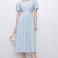 Summer new solid color high waist V-neck puff sleeve waist slimming midi dress for women R3947