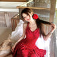 Summer waist slimming temperament red floral holiday halter neck slim dress for women R3914