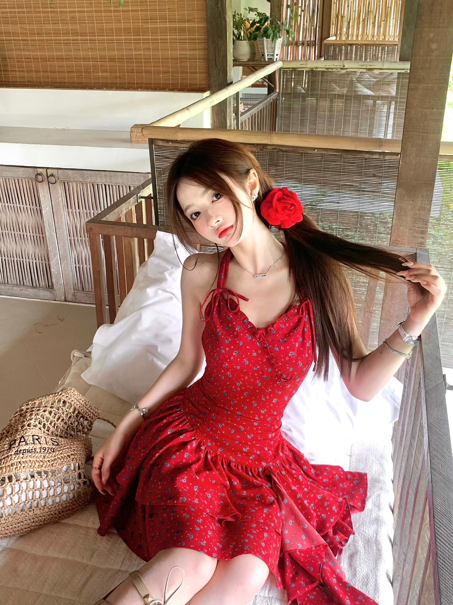 Summer waist slimming temperament red floral holiday halter neck slim dress for women R3914