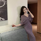 High-grade purple tube top dress, elegant and slim design, fake two-piece shawl pleated hip skirt R1485