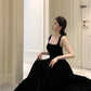 Square neck suspender dress temperament slim Hepburn style evening party black long dress R1484