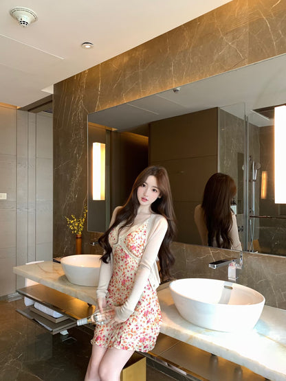 Temperament v-neck lace floral dress beautiful waist a-line short skirt 2025 new style R0840