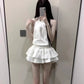 Gentle temperament beautiful white halter neck top puffy skirt two-piece set R0842