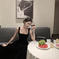 French square neck velvet suspender dress waist temperament dress black long skirt R1423