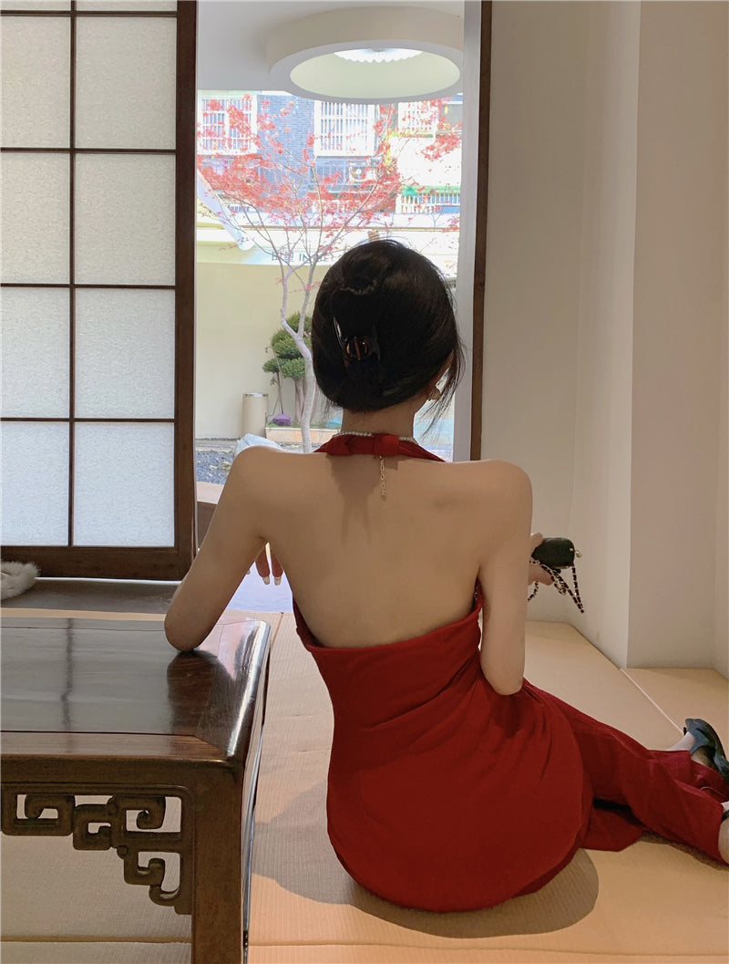 Hong Kong style retro wine red sleeveless backless slit halter neck dress beach dress R1426