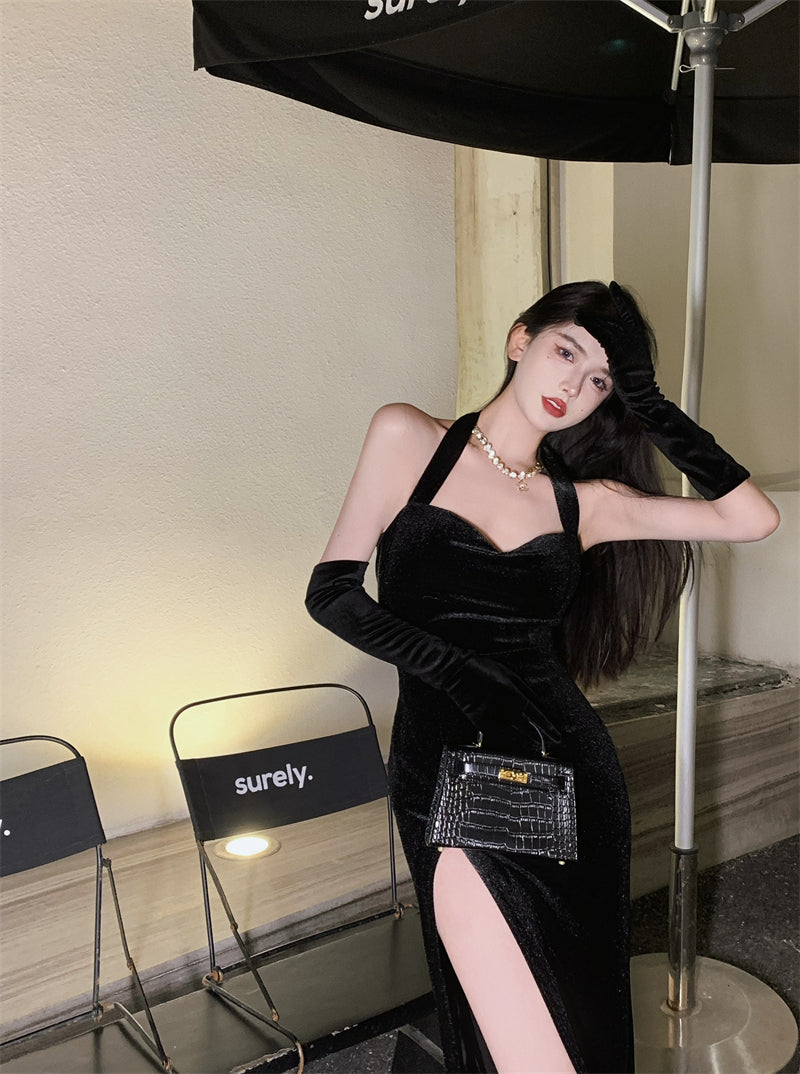 Sexy black halter neck velvet dress high-end slit backless evening party dress R1425