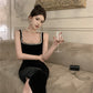 Black square neck suspender dress slim fit slit Hepburn style velvet hip dress R1424