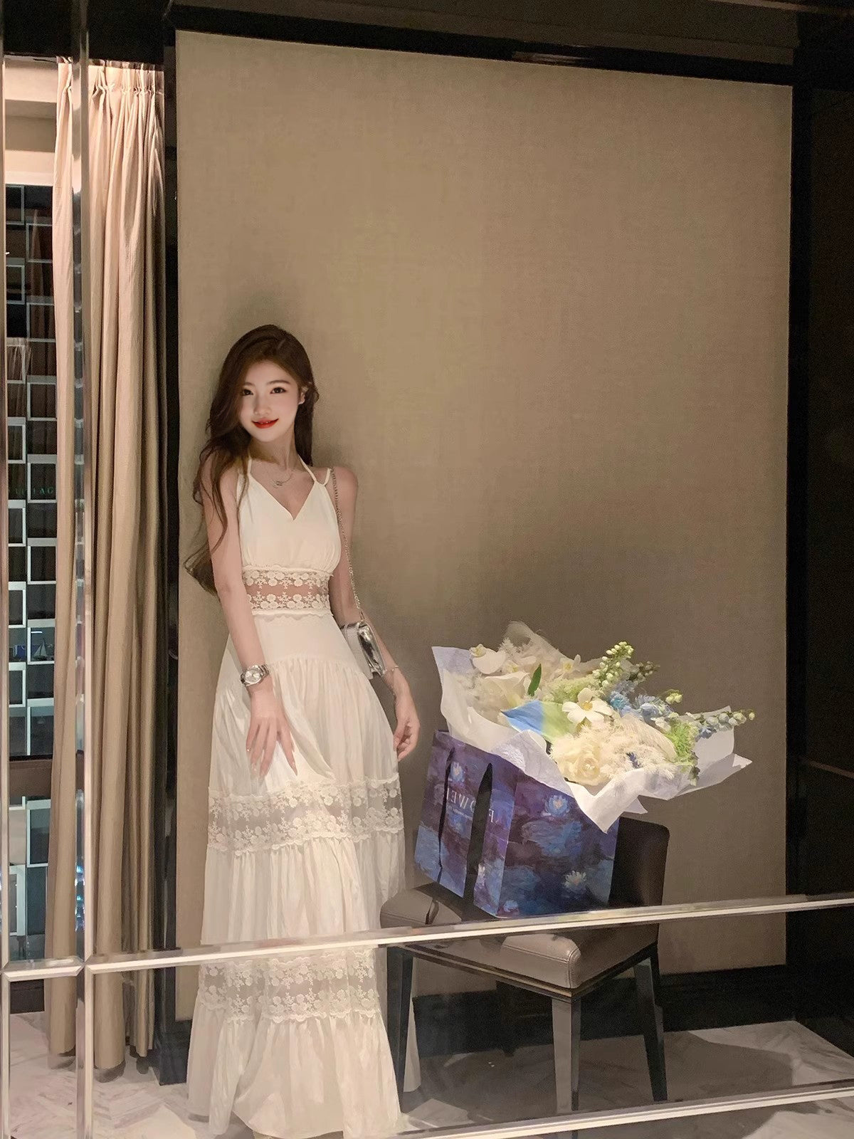 Temperament lace suspender dress waist dress long skirt R0488