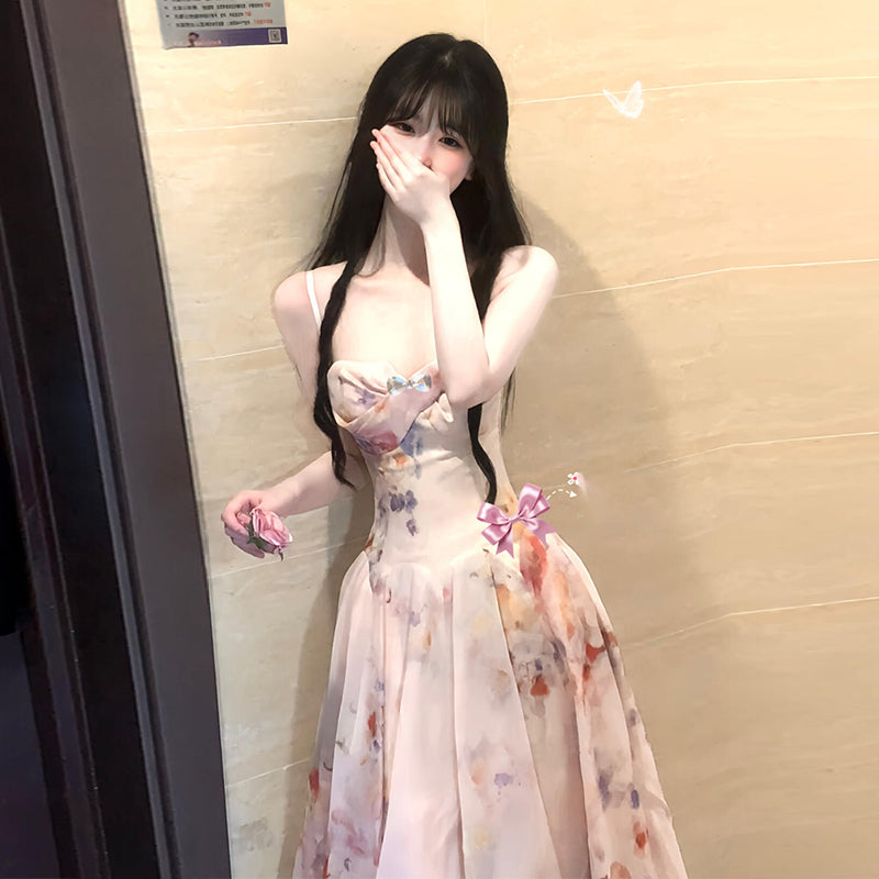 A rich girl's outfit with floral suspender dress, gentle temperament, waisted A-line long skirt R0489