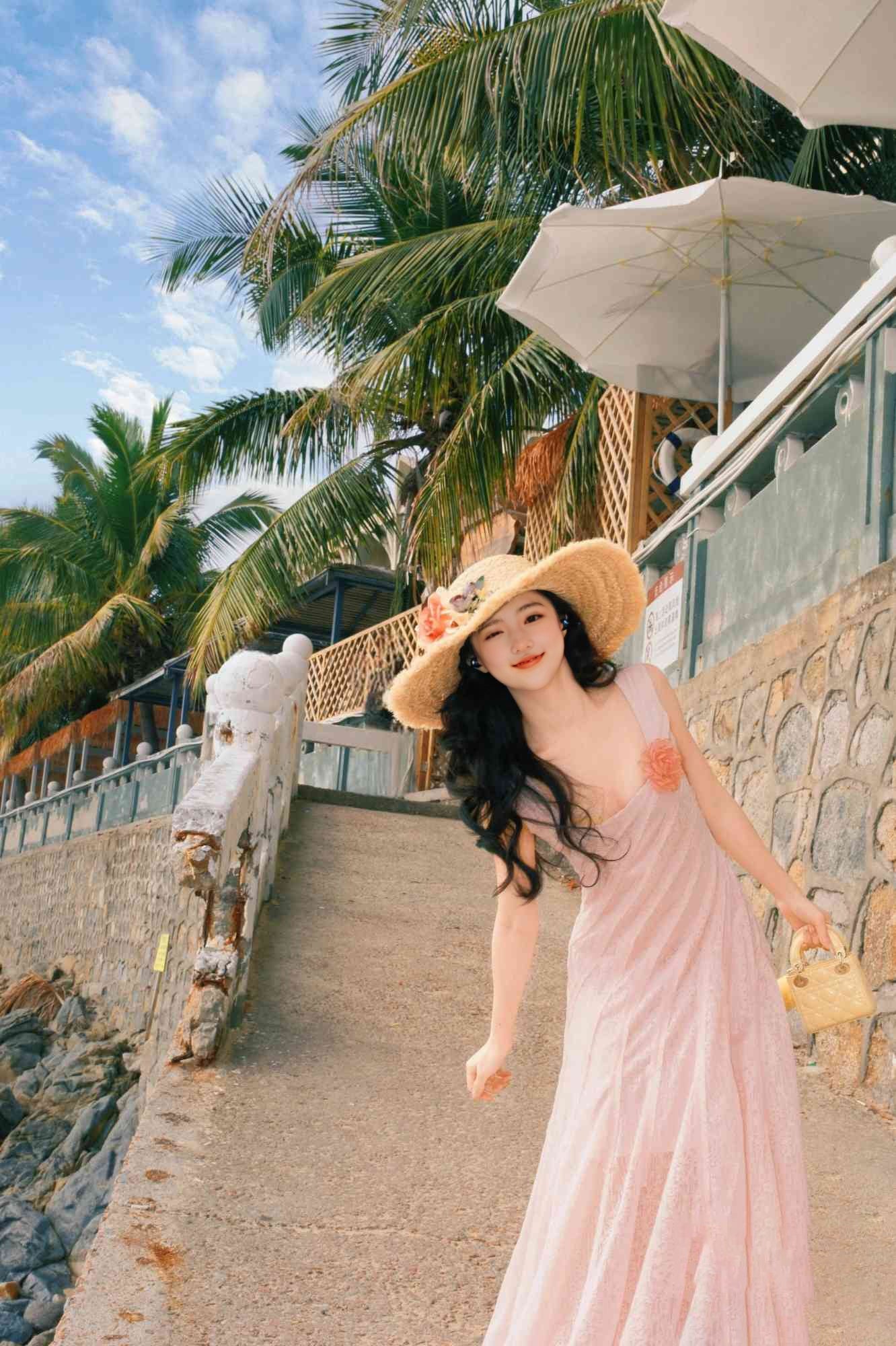 Pink lace suspender dress unique waist temperament long skirt R0496