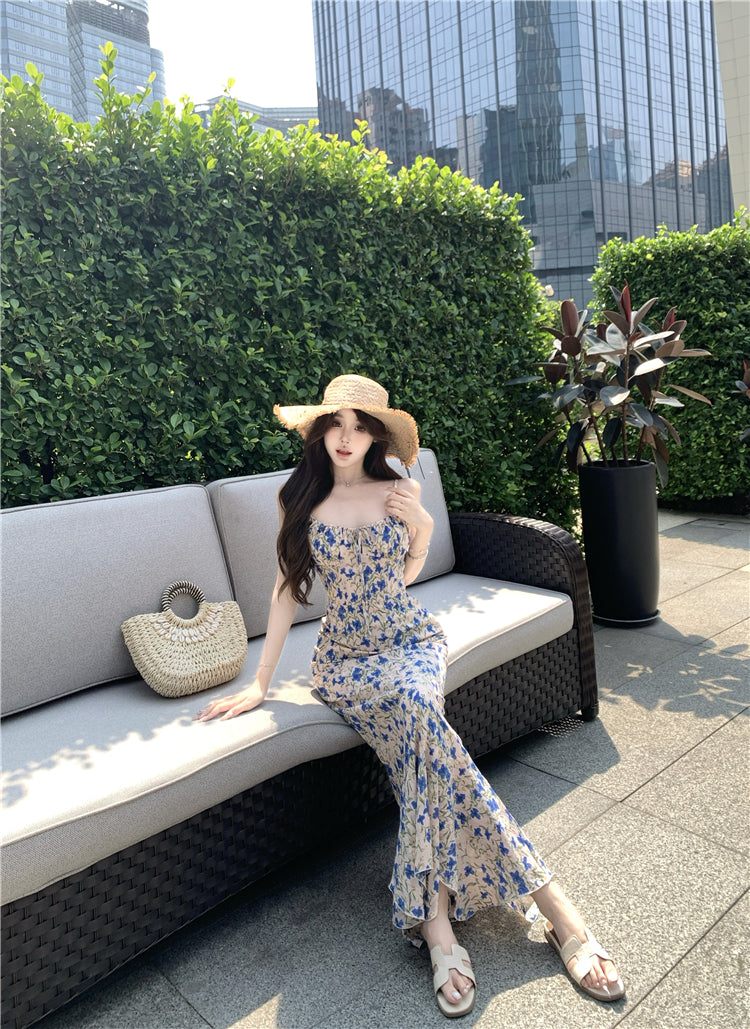 Tea break floral suspender dress gentle temperament waist slim fit A-line skirt R0499