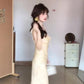 Gentle style yellow v-neck floral dress beautiful temperament waist slim long dress R0503
