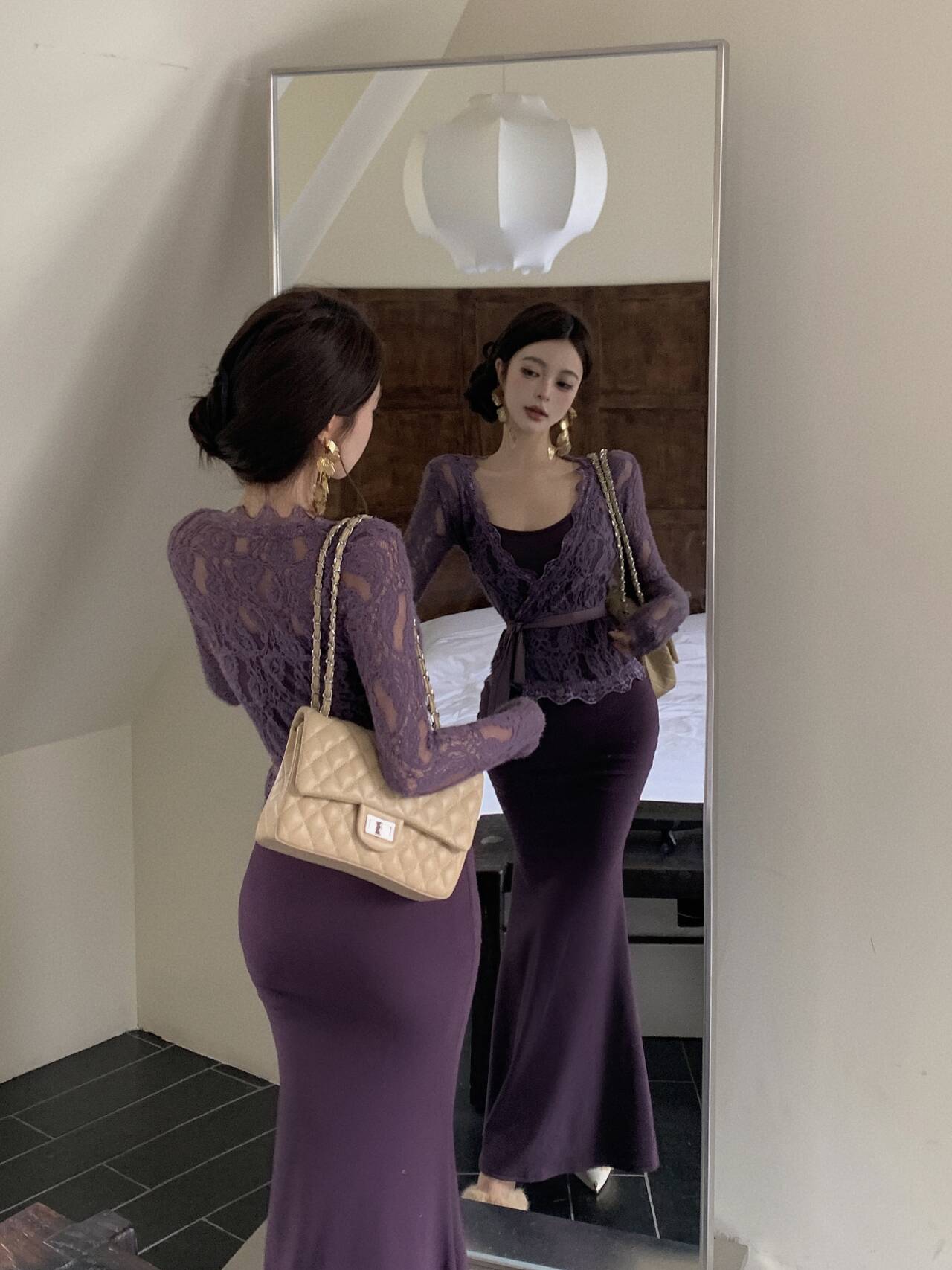 Purple lace cardigan slim fit hip fishtail sling dress two piece suit royal sister skirt R0505