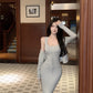 Sexy pink knitted suspender dress gentle temperament waist slim hip skirt R0502