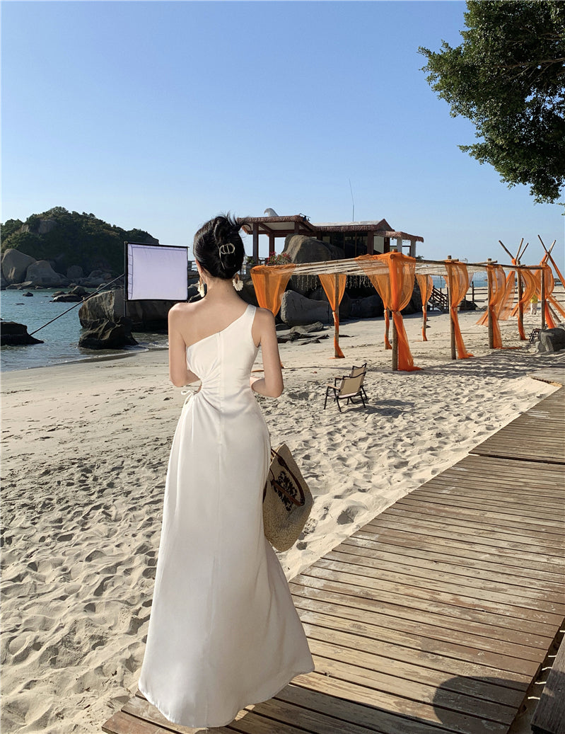 White off-shoulder dress with slits for a beach holiday, slimming suspender beach dress R1603