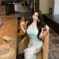 Green floral tube top dress sexy waist slim hip skirt R0626
