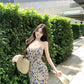 Tea break floral suspender dress gentle temperament waist slim fit A-line skirt R0499