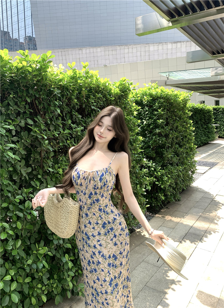 Tea break floral suspender dress gentle temperament waist slim fit A-line skirt R0499