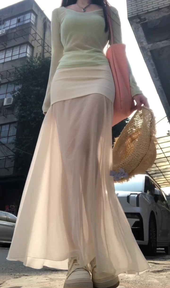 2025 Cool and Relaxed Wear Set Green Long-sleeved T-shirt Vest Skirt Three-piece Set R0497