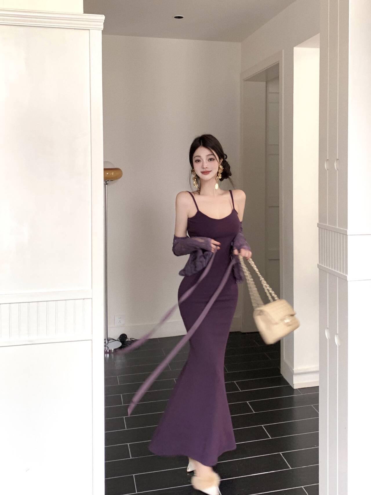 Purple lace cardigan slim fit hip fishtail sling dress two piece suit royal sister skirt R0505