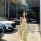 Yellow v-neck floral dress with ruffles, beautiful and unique waist-hugging hip skirt R0500