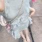 Gentle temperament ruffled sleeveless halter dress unique waist A-line short skirt R0493