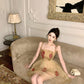 Gentle temperament mesh floral sling dress unique waist fluffy flower bud skirt R0494