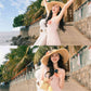 Pink lace suspender dress unique waist temperament long skirt R0496