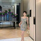 Blue suspender dress, sexy waist, slim hip skirt R0579