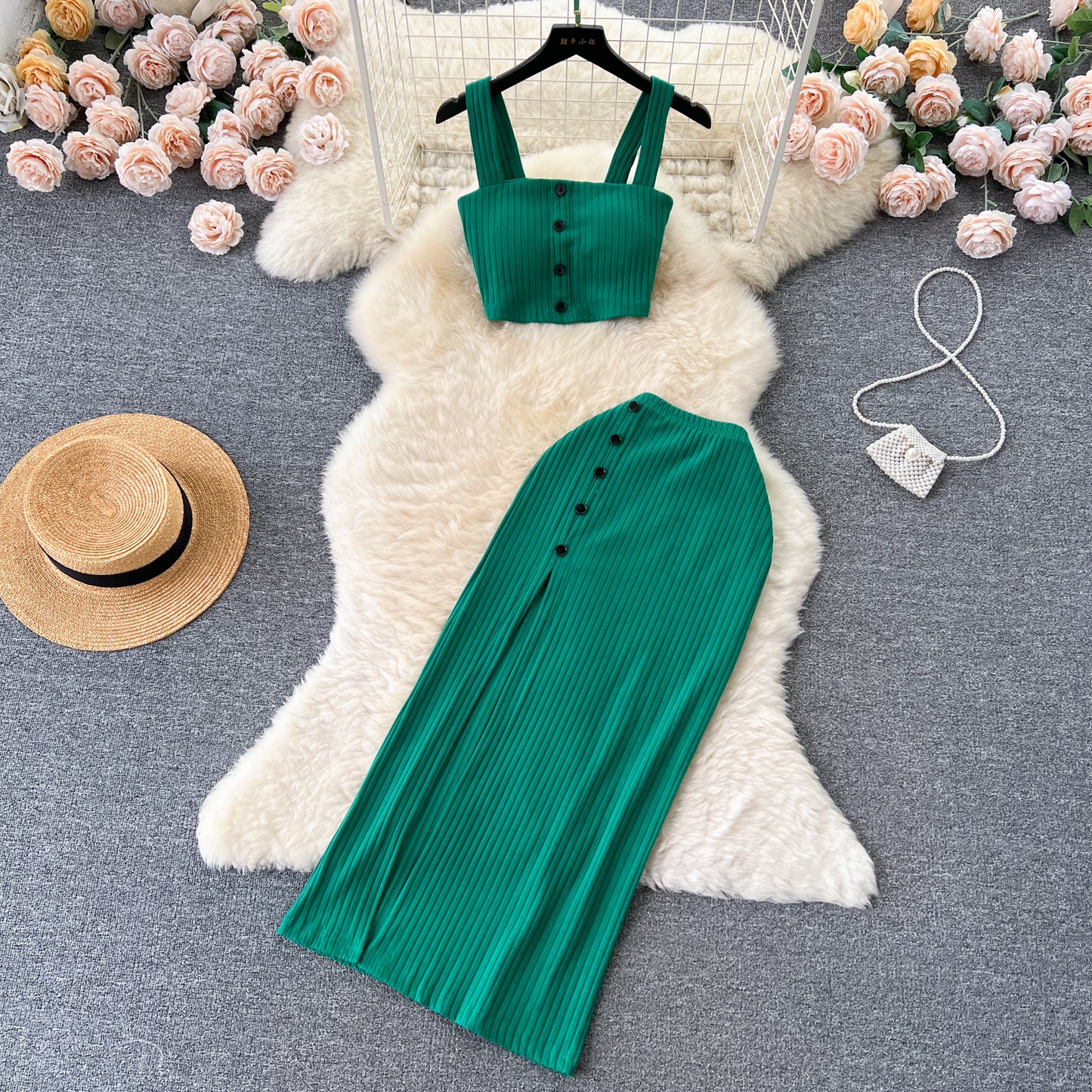 Small pure desire suit French short tube top camisole vest high waist slim slit skirt R2263