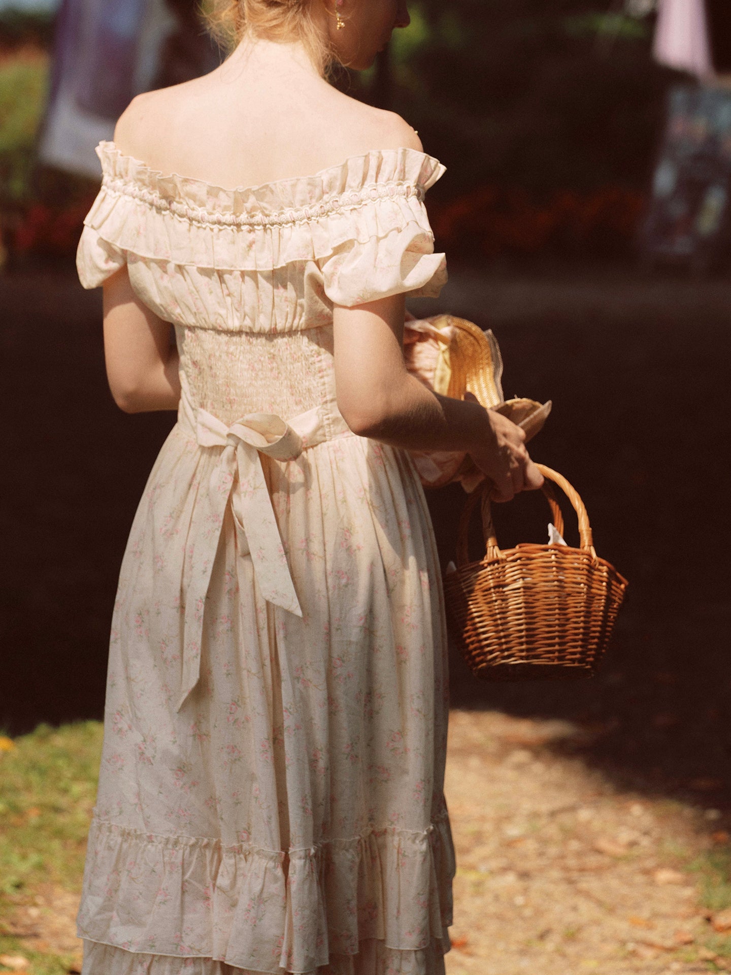 French pastoral style cake-style fishbone maxi dress with slim waist and cotton homecoming dress R5136