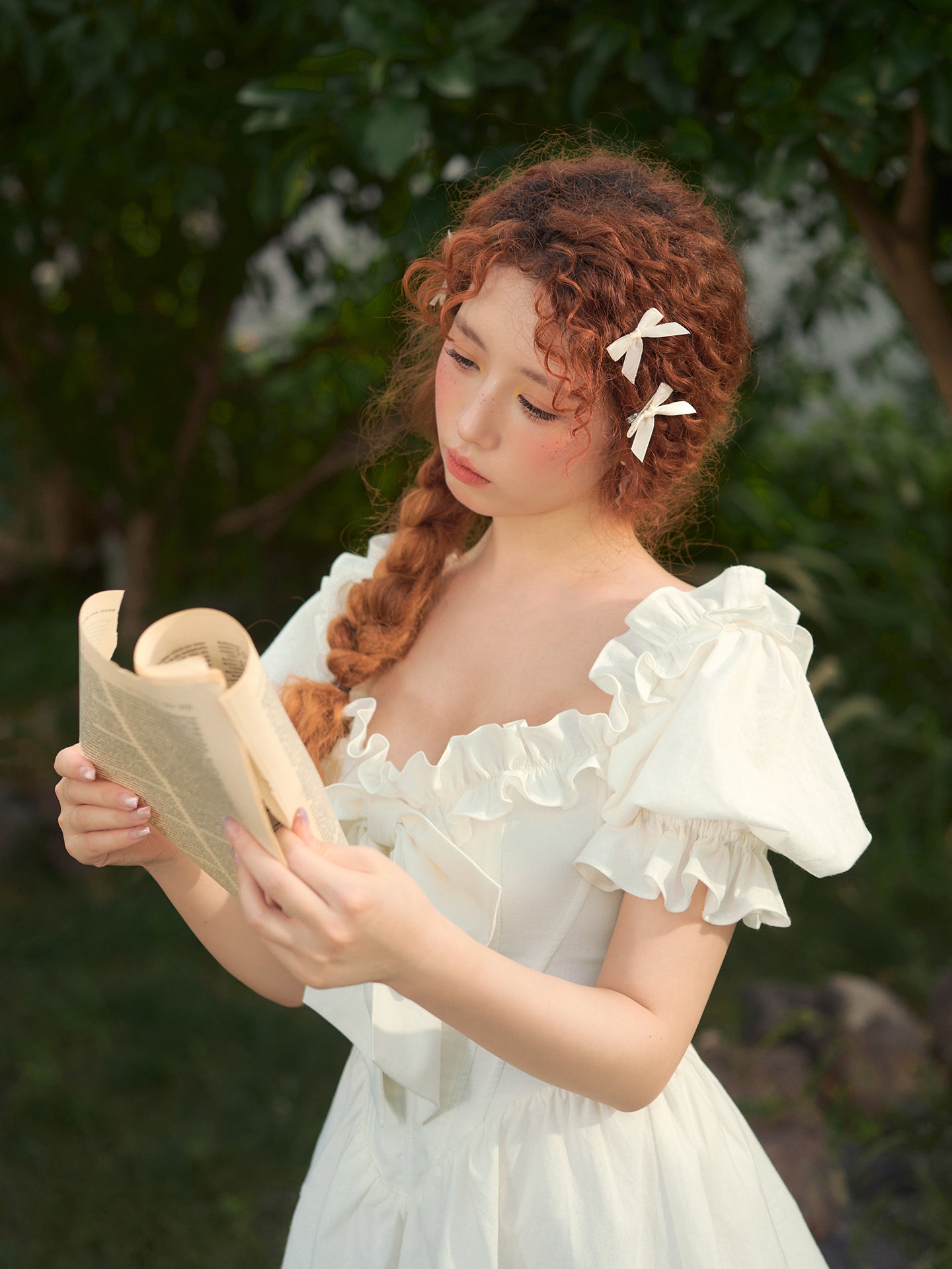 French-style waist white long dress puff sleeve cake dress homecoming dress R5157