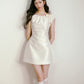 White silk satin elastic one-shoulder bow waisted girlish dress R5171