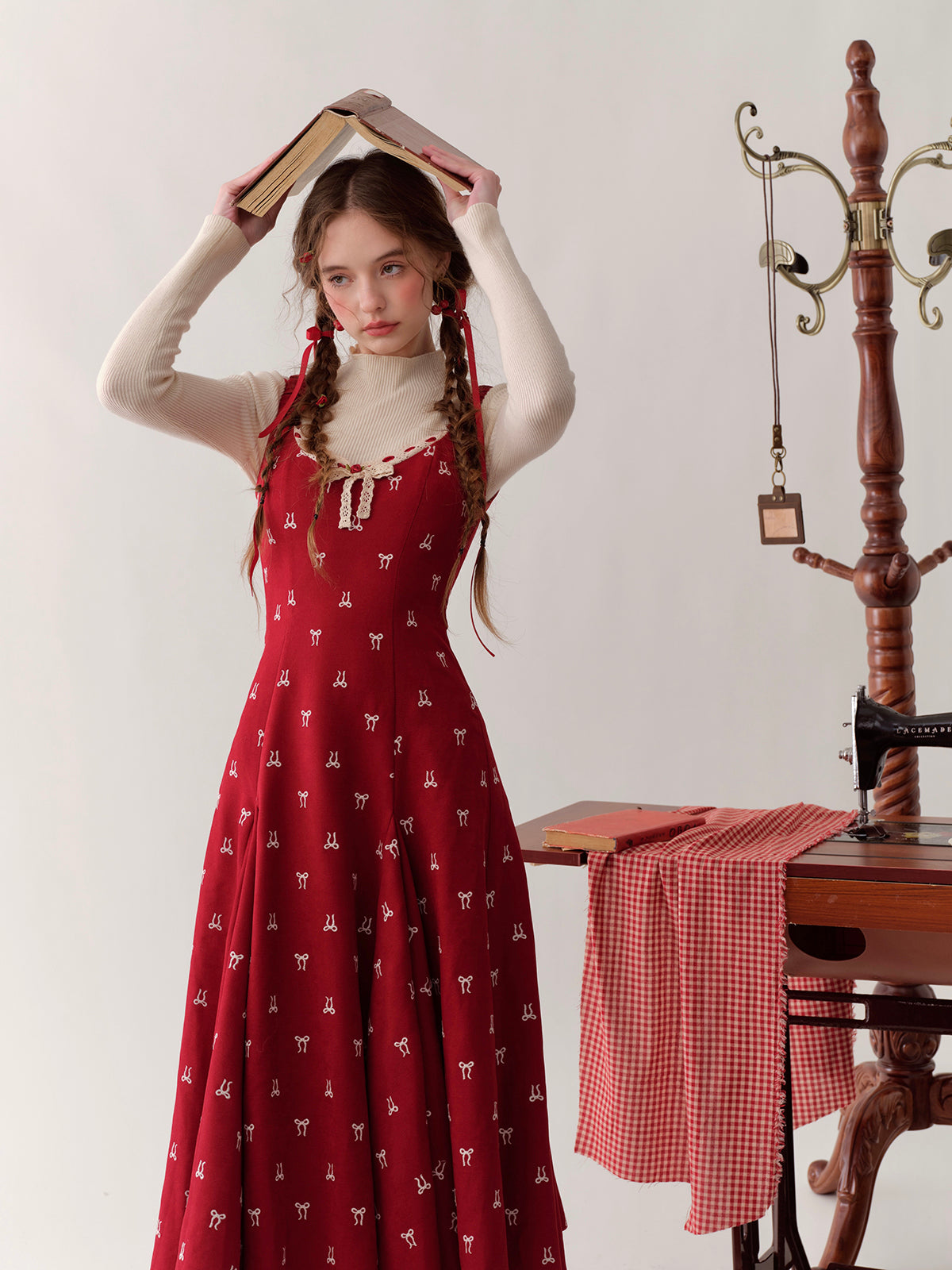 French girl playful bow red waist dress atmosphere homecoming dress R5147
