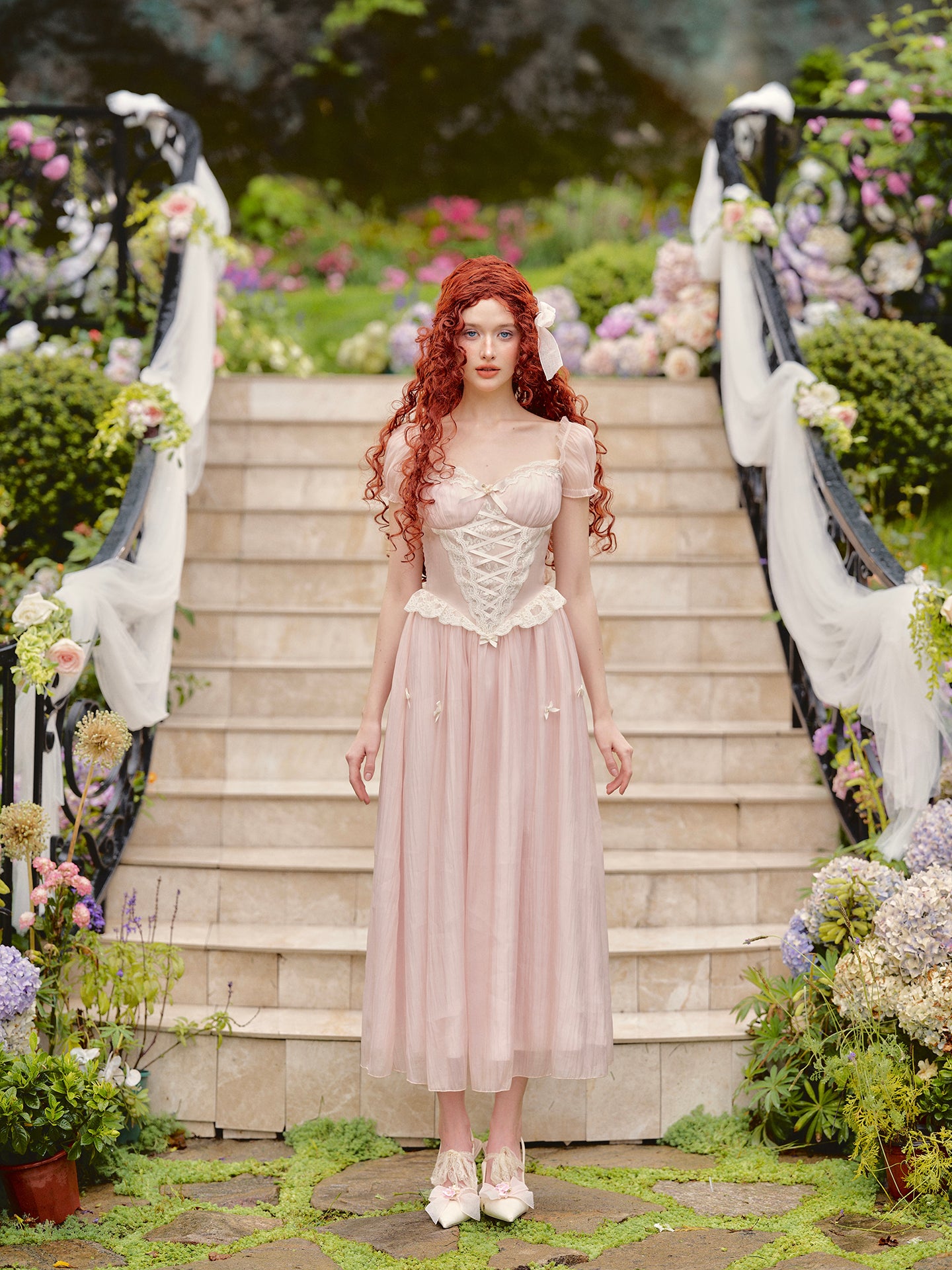 French pink fairy dress design long short-sleeved fishbone dress homecoming dress R5158